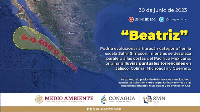 La tormenta tropical Beatriz ocasionará lluvias torrenciales en Colima, Guerrero, Jalisco y Michoacá. Esta mañana, Adrián evolucionó a huracán categoría 2 en la escala Saffir-Simpson.