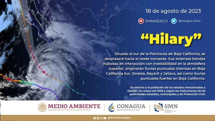 Hilary, a 460 km de Cabo San Lucas, Baja California Sur. A las 21:00 horas, tiempo del centro de México, el huracán Hilary, categoría 4 en la escala Saffir-Simpson