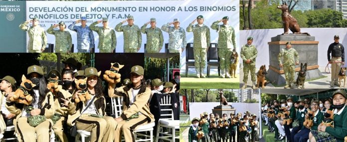 Ejército y Fuerza Aérea Mexicanos develan estatua en honor al can Proteo. El evento fue presidido por el General Luis Cresencio Sandoval González
