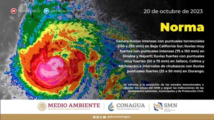 El huracán Norma ocasionará esta noche lluvias torrenciales en Baja California Sur e intensas en Nayarit y Sinaloa
