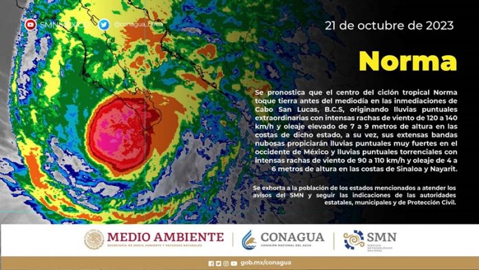 Hoy el huracán Norma ocasionará lluvias extraordinarias en BajaCalifornia Sur y torrenciales en Nayarit y Sinaloa