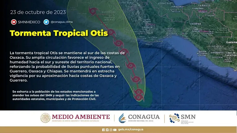 Otis se aproxima gradualmente a las costas del sur de México. Las precipitaciones podrían ser con descargas eléctricas