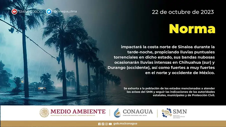 El centro de la tormenta tropical Norma se localiza en aguas del Golfo de California con rumbo hacia el norte de Sinaloa
