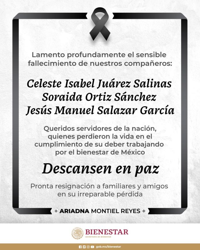 Secretaría de Bienestar lamenta fallecimiento de servidores de la nación en accidente automovilístico · Ariadna Montiel manifestó su pesar