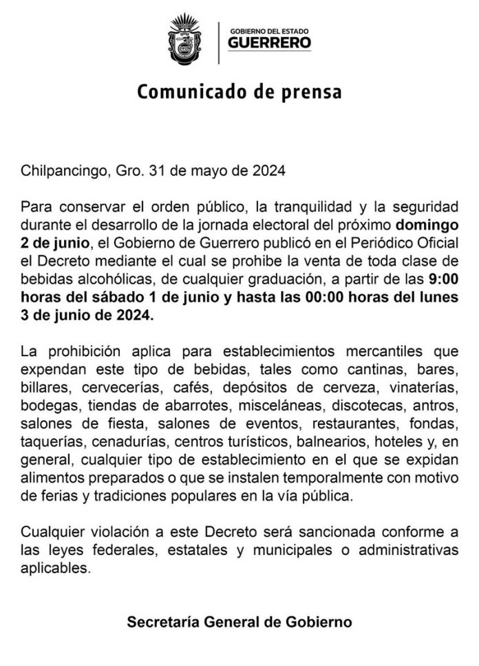 Restricción de Venta de Alcohol en Guerrero Durante la Jornada Electoral. El Gobierno confía en que la cooperación de los comerciantes y la ciudadanía contribuirá a una jornada electoral tranquila y ordenada.
