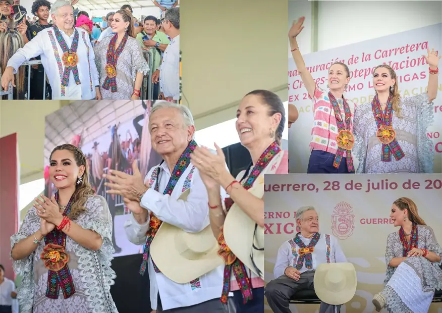 Evelyn Salgado y López Obrador Inauguran Ampliación de Carretera en Guerrero. Alcaldes de Cuajinicuilapa, Metlatónoc y Tlapa agradecieron el apoyo del presidente y la gobernadora. Foto de Juan Antonio Róman Morales