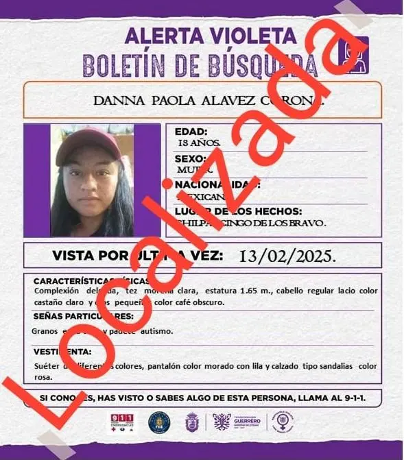 Localizan a Joven con Alerta Violeta en Chilpancingo: SSP Guerrero Refrenda Compromiso con la Seguridad, lograron localizar sana y salva a Danna