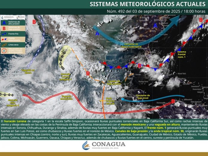 Se mantiene el pronóstico de lluvias torrenciales para Baja California Sur, prevalecerán intensas rachas de viento de 100 a 120 km/h
