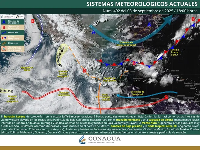 Se mantiene el pronóstico de lluvias torrenciales para Baja California Sur, prevalecerán intensas rachas de viento de 100 a 120 km/h