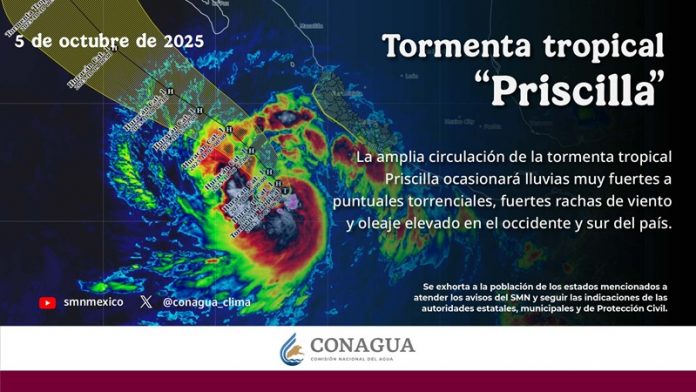 La tormenta tropical Priscilla ocasionará lluvias torrenciales en zonas de Michoacán e intensas en Jalisco, Colima y Guerrero. Mantente alerta. Infórmate. Protégete.