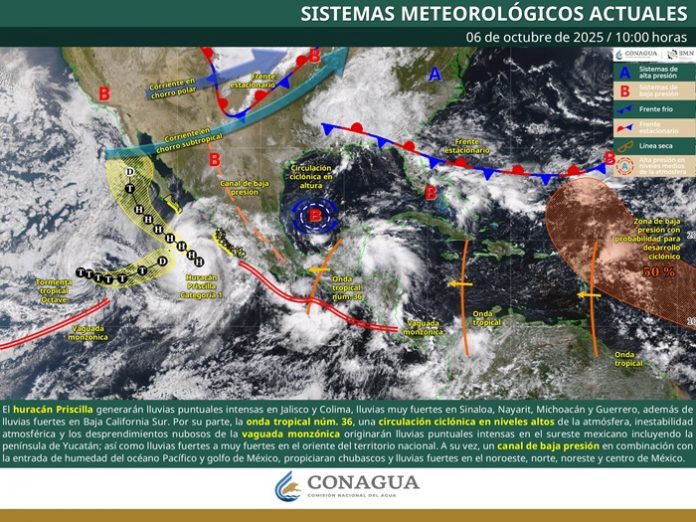 Priscilla ocasionará lluvias de muy fuertes a intensas en las costas del occidente de México y del sur de Baja California Sur