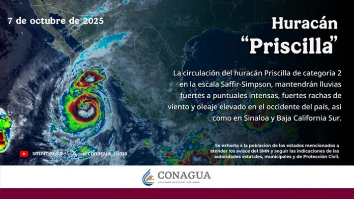 Priscilla se intensificó a huracán categoría 2, se mantiene zona de vigilancia por efectos de tormenta tropical desde Cabo San Lucas hasta Cabo San Lázaro, en Baja California Sur.