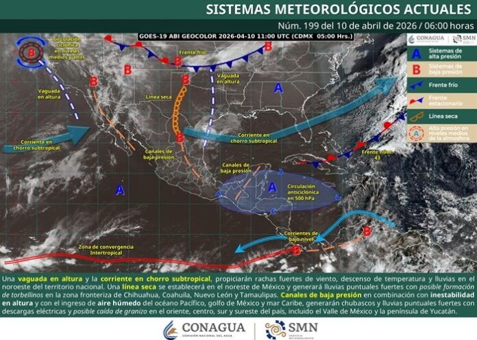 El SMN prevé lluvias fuertes en al menos 10 estados de México, acompañadas de chubascos, granizo y actividad eléctrica, mientras persiste una onda de calor con temperaturas superiores a los 40 grados en varias regiones del país.