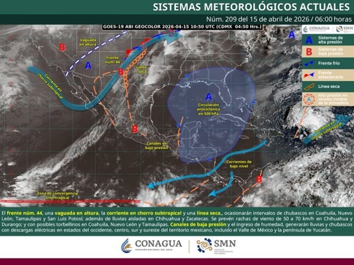 El SMN alerta sobre posibles torbellinos en Coahuila, Nuevo León y Tamaulipas, mientras continúan lluvias, vientos intensos y una ola de calor en gran parte de México este 15 de abril de 2026.
