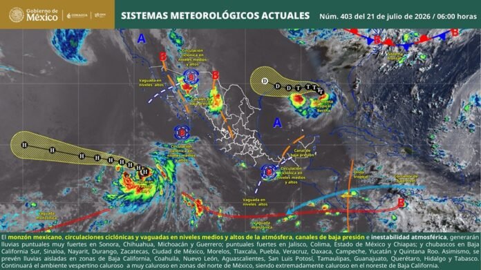 Pronóstico del clima para este 21 de julio de 2026: lluvias fuertes en Guerrero y el norte del país, con calor extremo de 45 grados