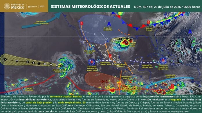 El SMN pronostica lluvias fuertes en Guerrero este 23 de julio. También habrá precipitaciones intensas en cinco estados y oleaje elevado en la costa.