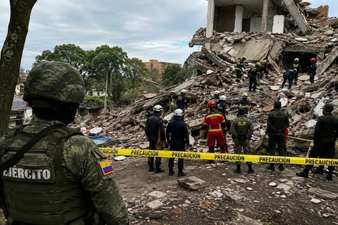 Colombia busca sobrevivientes tras un terremoto de 7.4 que deja 132 muertos y más de 570 heridos. Rescatistas trabajan entre los escombros.