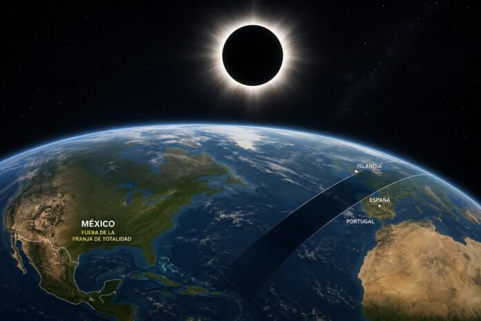 México no verá el eclipse solar total del 12 de agosto de 2026. La sombra de la Luna cruzará Groenlandia, Islandia, Rusia, España y Portugal.