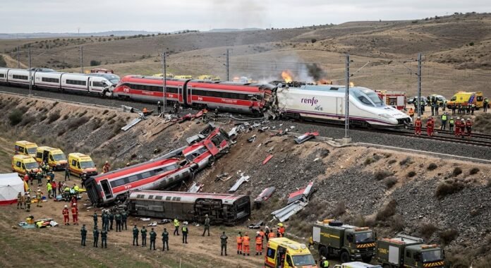 Equipos de emergencia trabajan tras el choque de dos trenes de alta velocidad en Urda, Toledo, España.